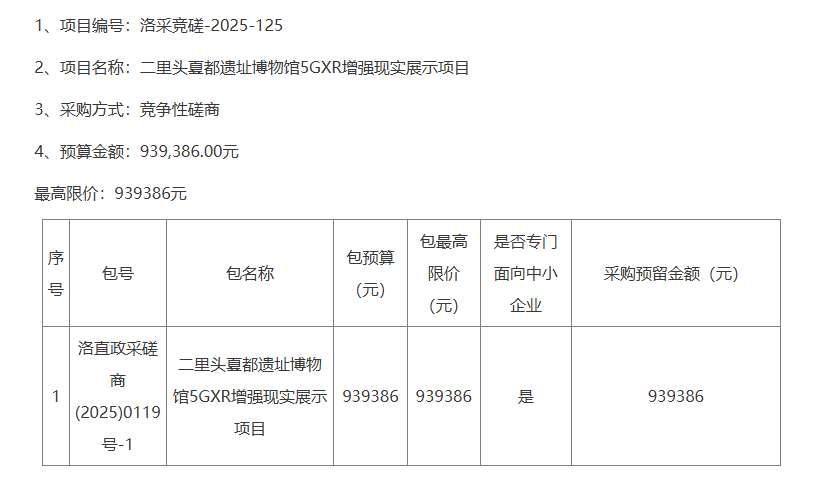 二里头夏都遗址博物馆93.9万元招标5GXR增强现实展示项目