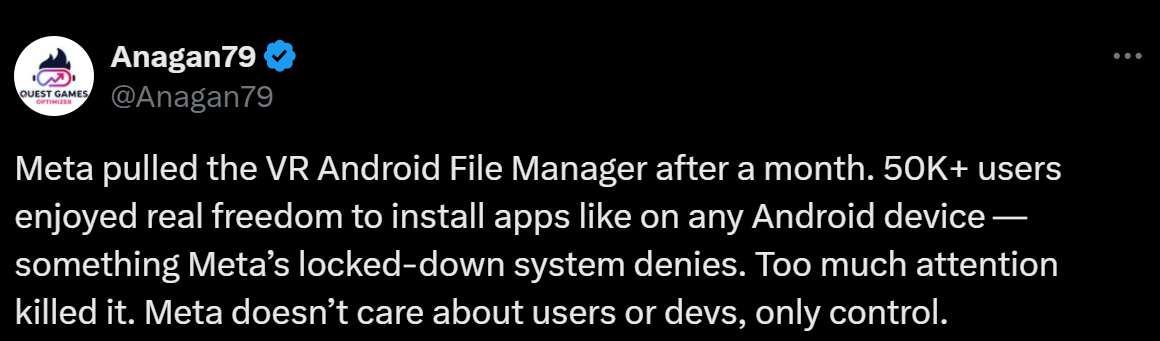 Meta下架Quest侧载工具VR Android File Manager，上线1个月获5万用户
