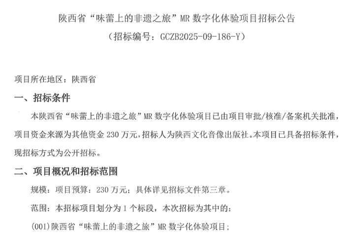 陕西文化音像出版社230万元采购非遗MR体验项目